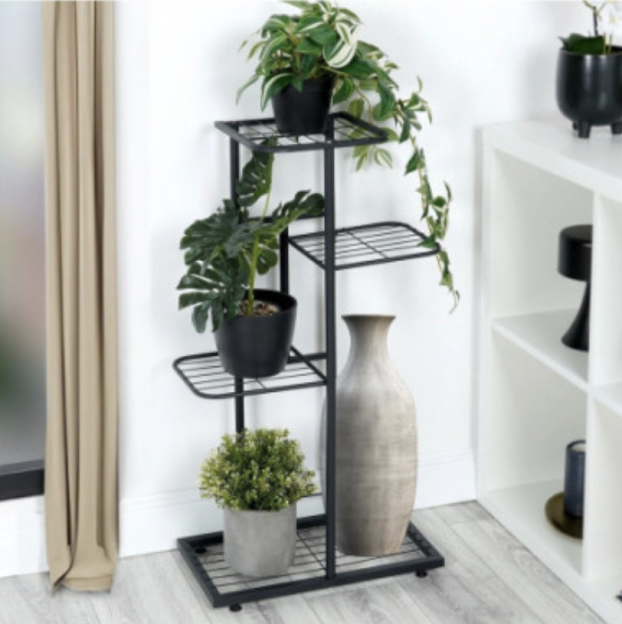 Blomsterställ i metall svart 4 nivåer 80 cm – modernt växtställ för hem och kontor